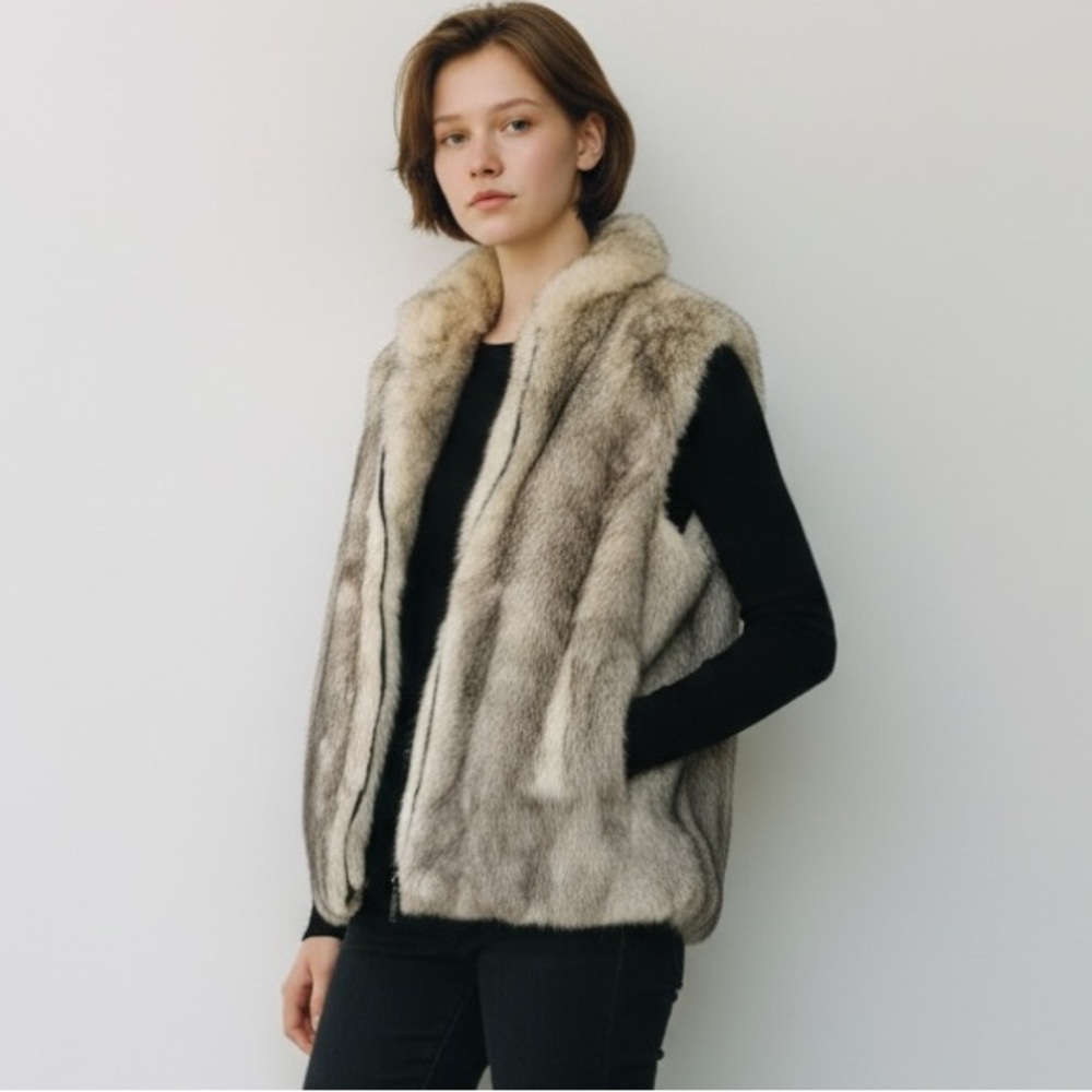 Gallery Neutral Faux Fur Vest in Cream and Gray
